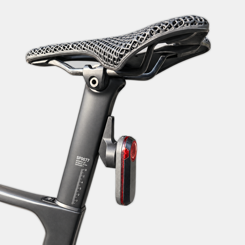 Draaft Canyon Aeroad seat post mount with Garmin Varia radar, three-quarter view under the saddle
